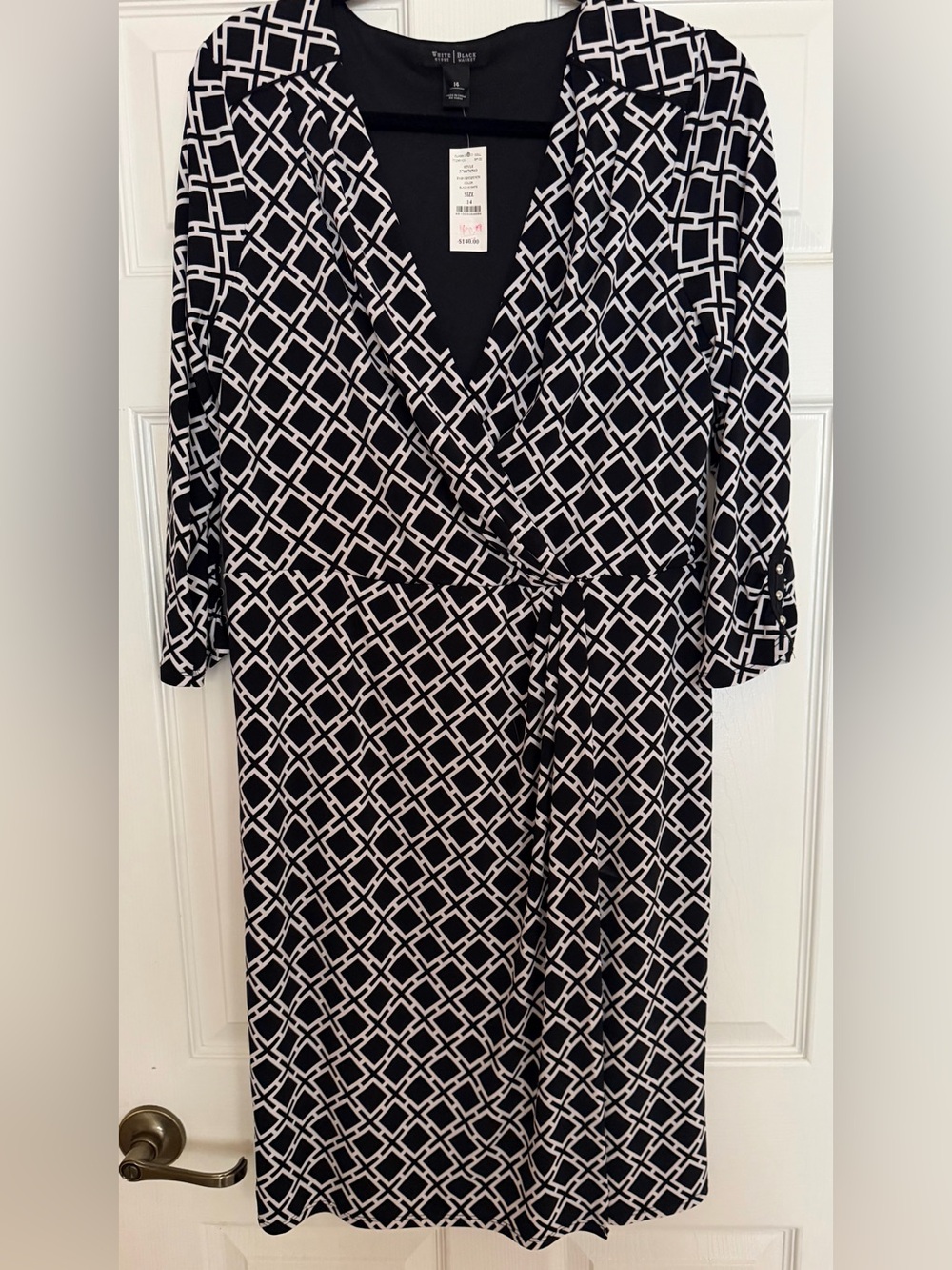 NWT White House Black Market Black & White Geometric Wrap Midi Dress size 14